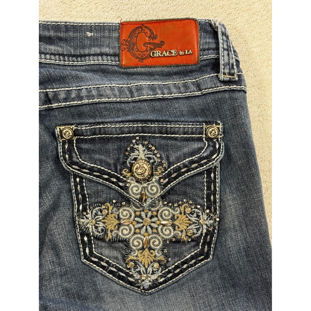Grace in LA Womens Bootcut Embroidered Flap‎ Pocket Blue Jeans 29 Meas: 31x33